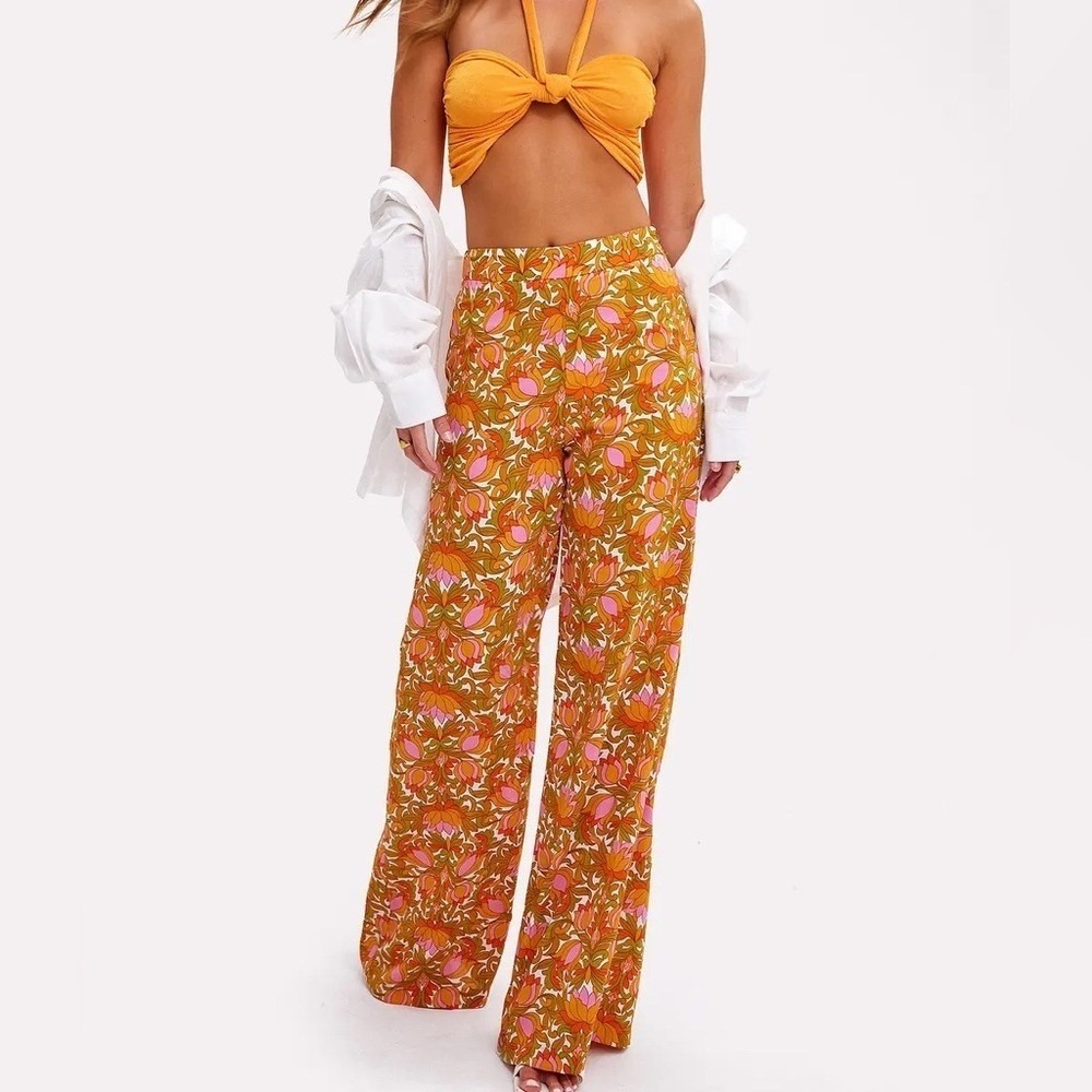 Pretty Garbage Orange‎ Pink Floral Wide Leg Pants 70s Retro Boho Medium